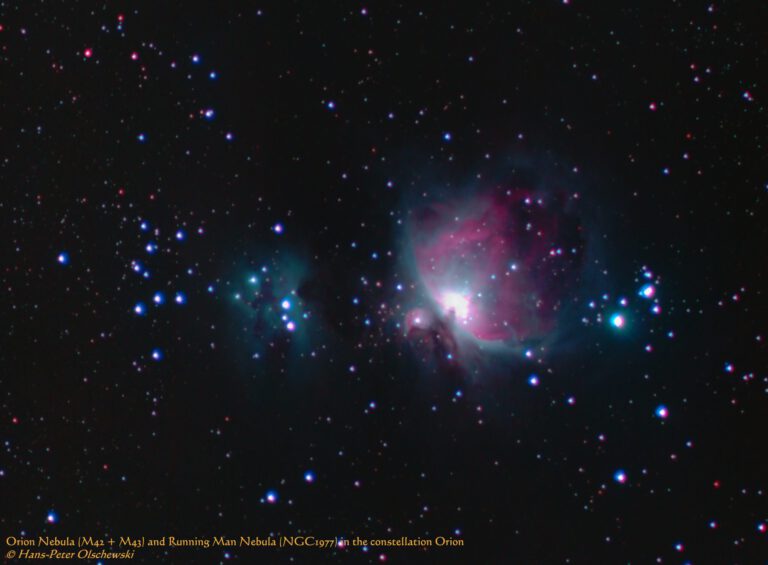 Orionnebel (M42) und Running Man Nebel (M43) im Sternbild Orion